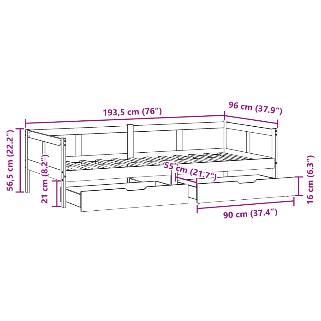 vidaXL Dagbädd med lådor vit 90x190 cm massiv furu