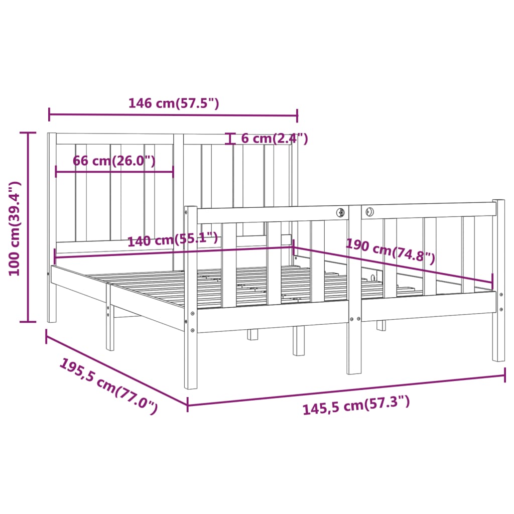 vidaXL Sängram vit massivt trä 140x190 cm