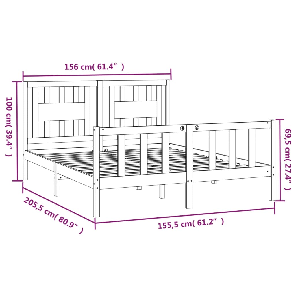 vidaXL Sängram med huvudgavel massiv furu 150x200 cm