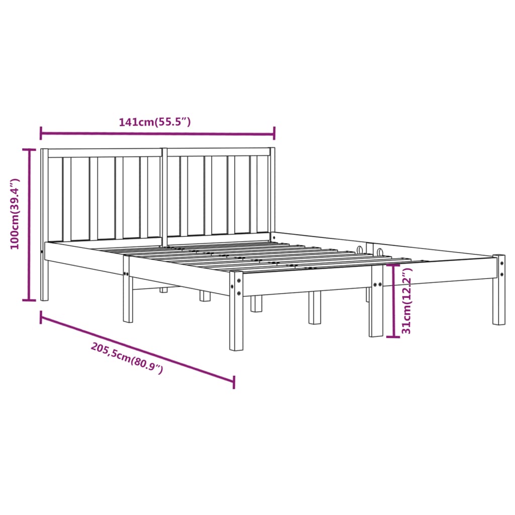 vidaXL Sängram svart massiv furu 135x190 cm