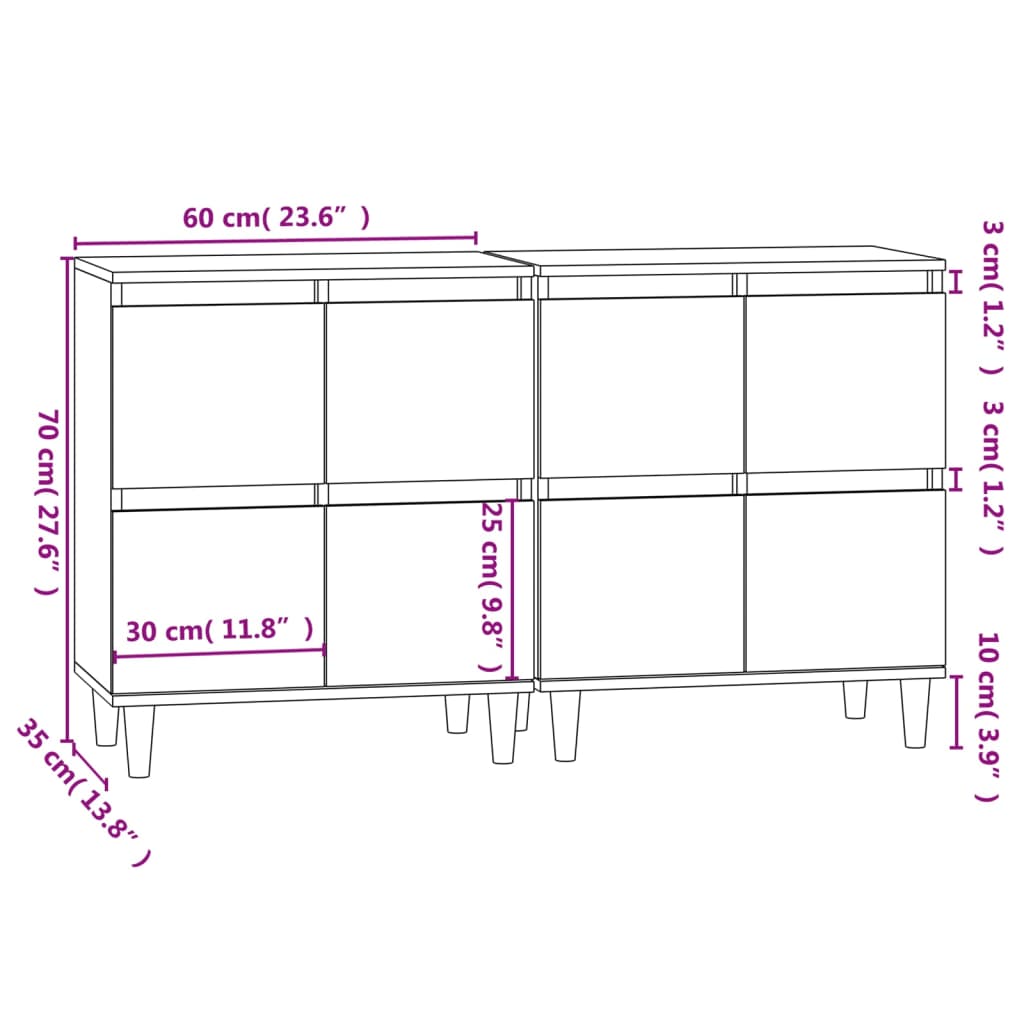 vidaXL Skänk 2 st rökfärgad ek 60x35x70 cm konstruerat trä