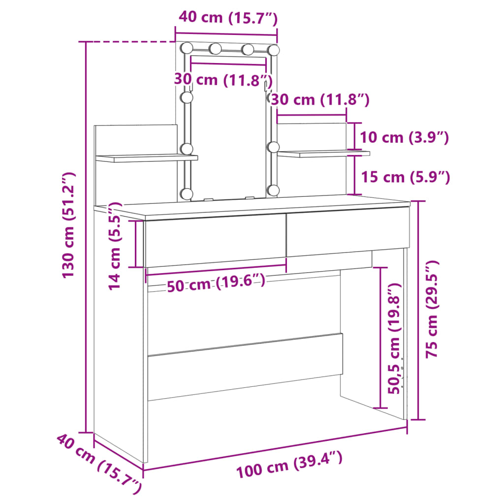 vidaXL Sminkbord med LED rökfärgad ek 100x40x130 cm