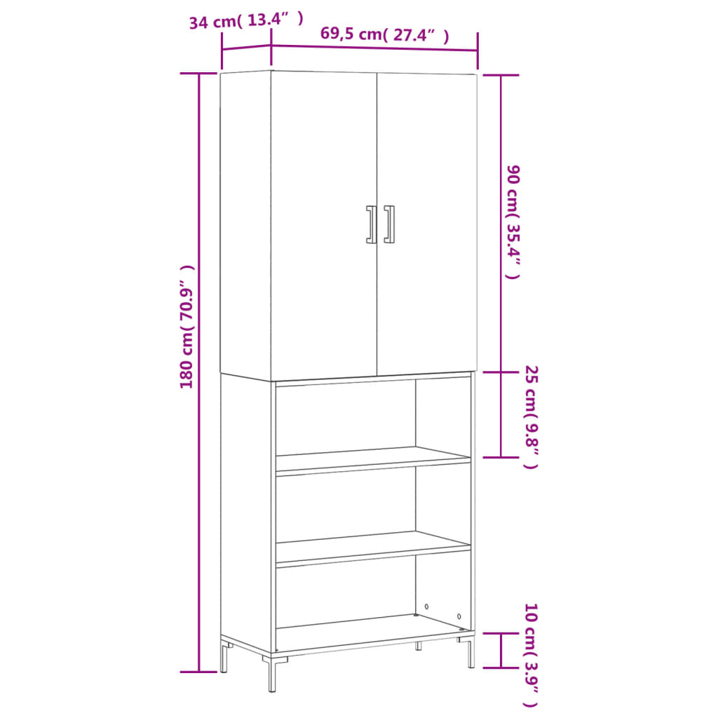 vidaXL Högskåp betonggrå 69,5x34x180 cm konstruerat trä