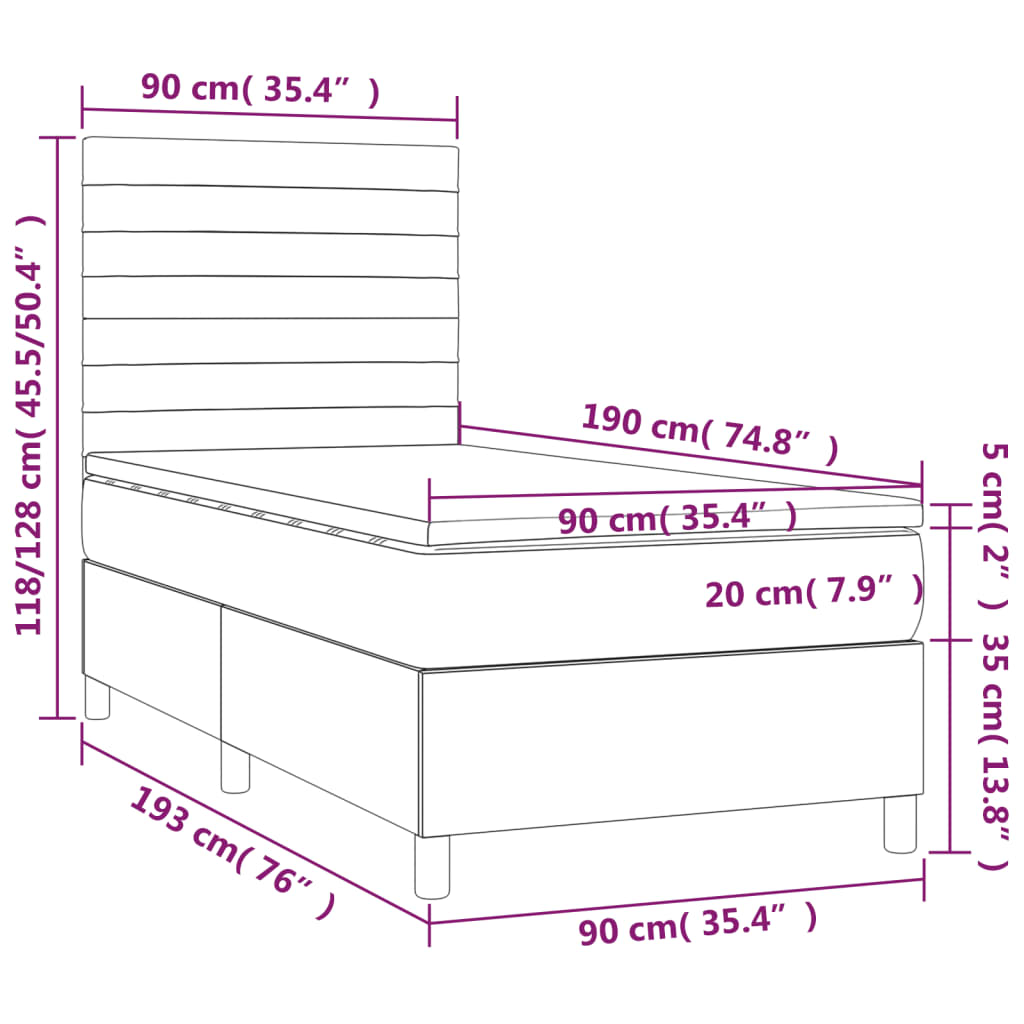 vidaXL Ramsäng med madrass & LED gräddvit 90x190 cm tyg