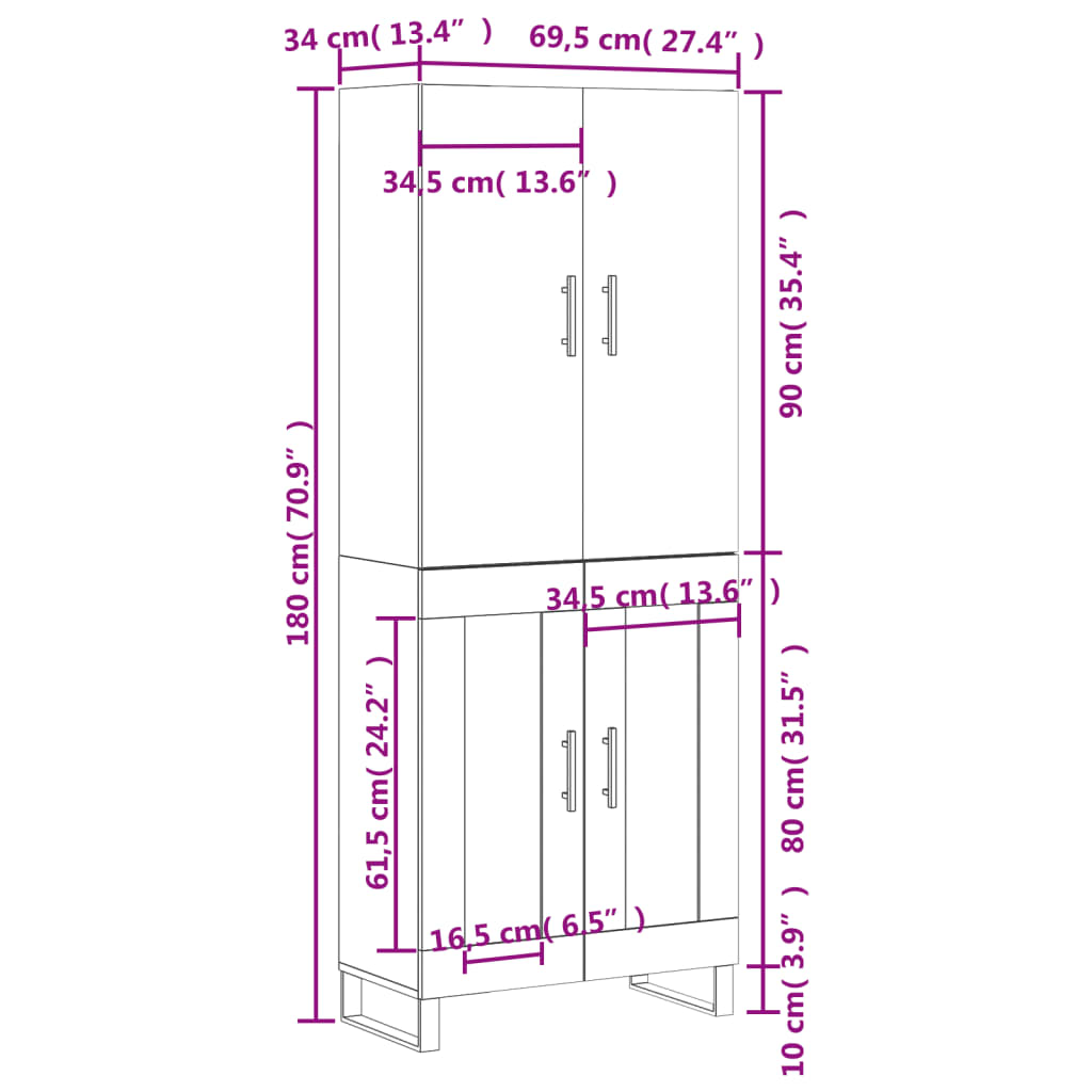 vidaXL Högskåp vit 69,5x34x180 cm konstruerat trä