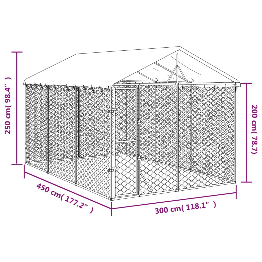 vidaXL Hundgård med tak silver 3x4,5x2,5 m galvaniserat stål