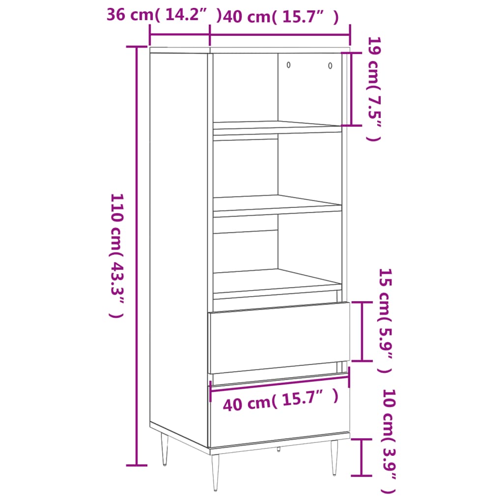 vidaXL Högskåp vit högglans 40x36x110 cm konstruerat trä