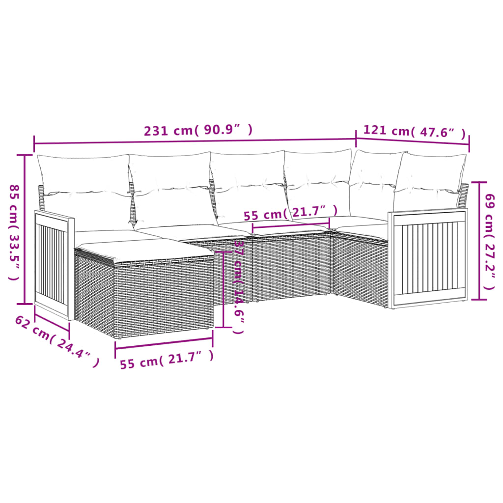 vidaXL Loungegrupp med dynor 6 delar svart konstrotting