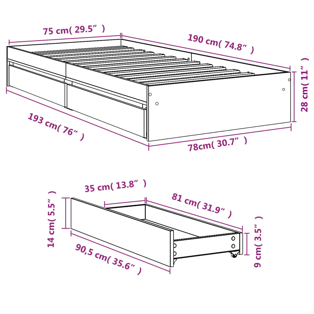 vidaXL Sängram med lådor rökfärgad ek 75x190 cm konstruerad trä