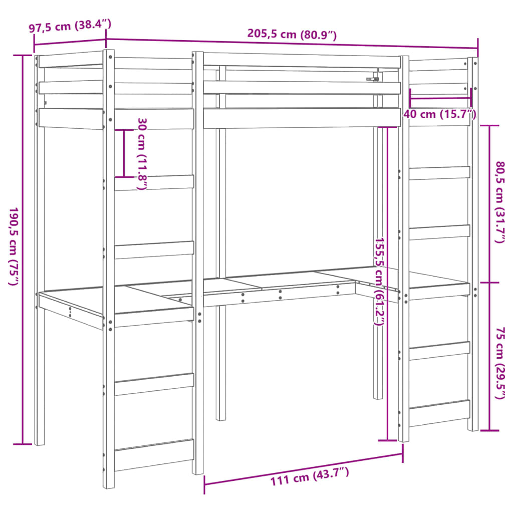 vidaXL Våningssäng med skrivbord 90x200 cm massiv furu