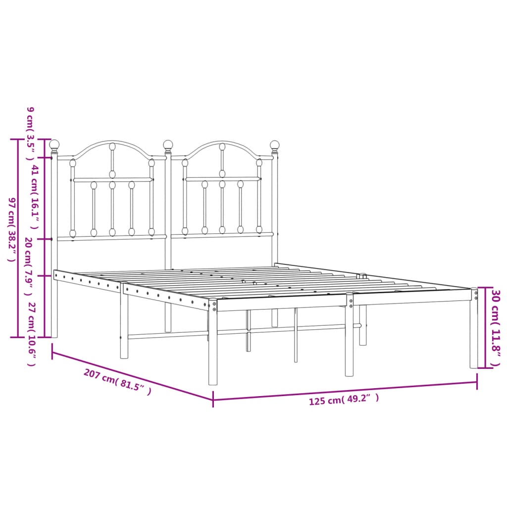 vidaXL Sängram med huvudgavel metall vit 120x200 cm