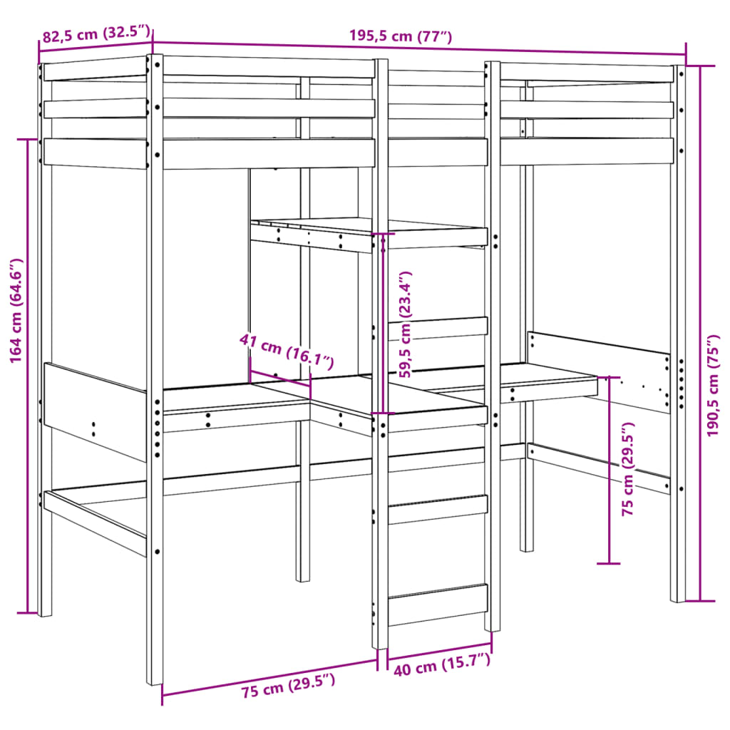 vidaXL Loftsäng utan madrass 75x190 cm massiv furu