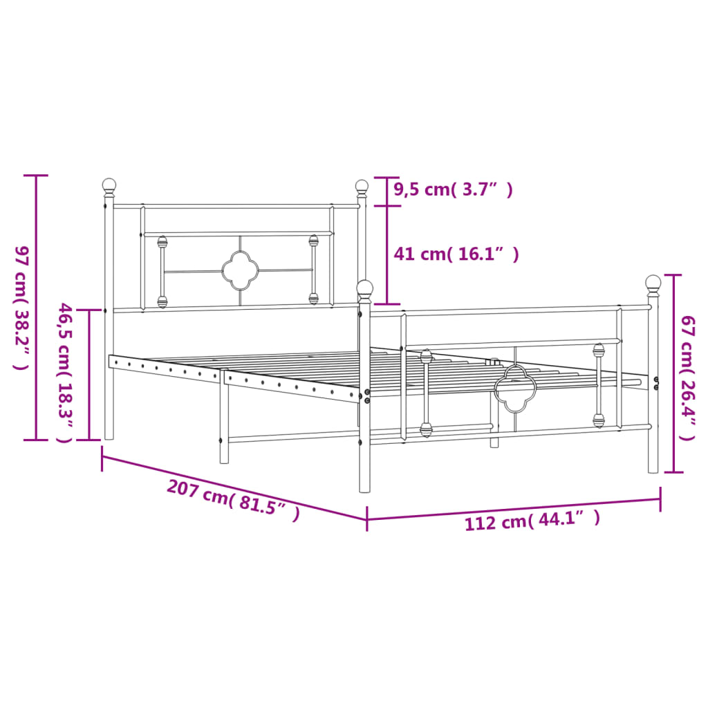 vidaXL Sängram med huvudgavel och fotgavel vit metall 107x203 cm