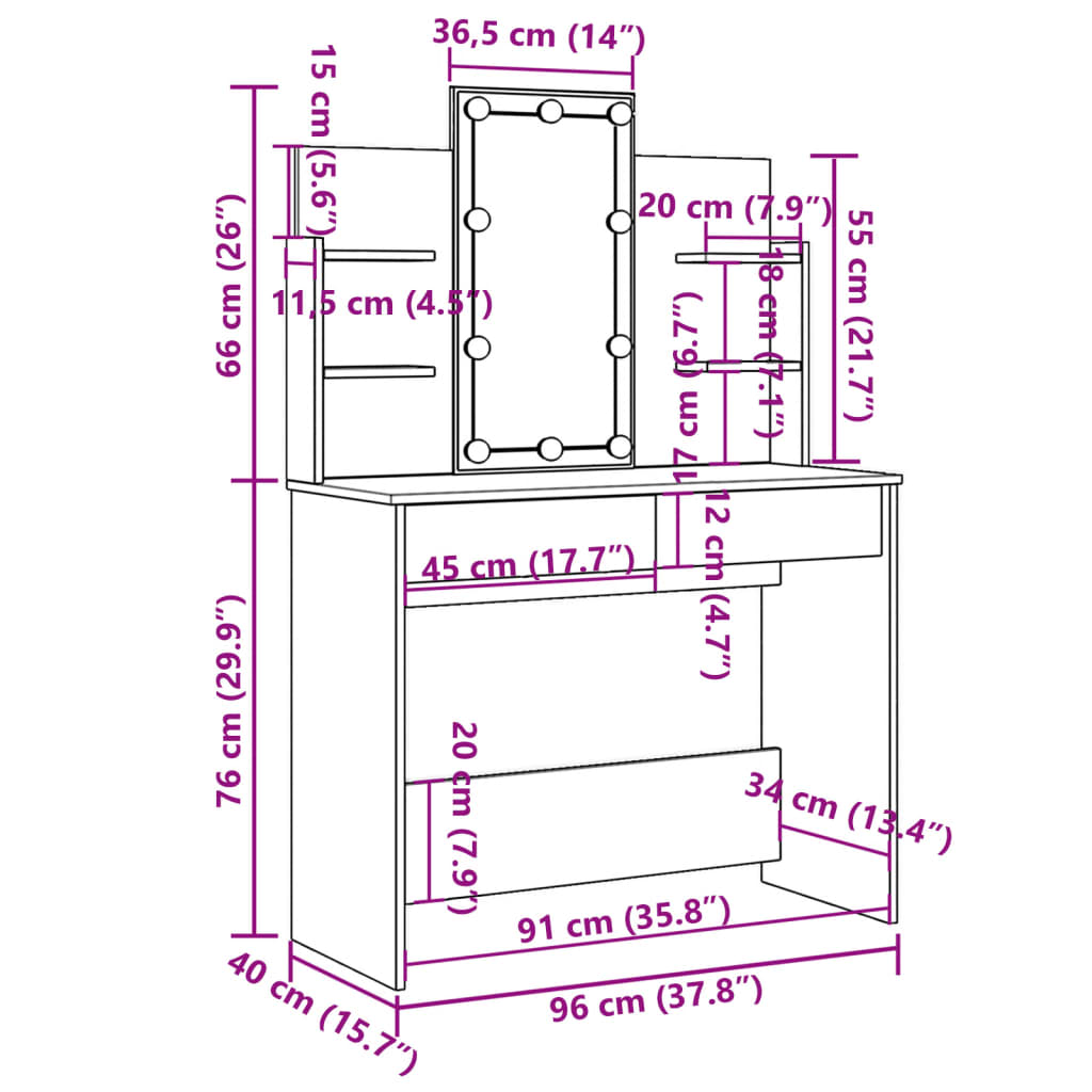 vidaXL Sminkbord med LED vit högglans 96x40x142 cm