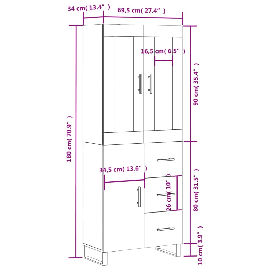 vidaXL Högskåp betonggrå 69,5x34x180 cm konstruerat trä