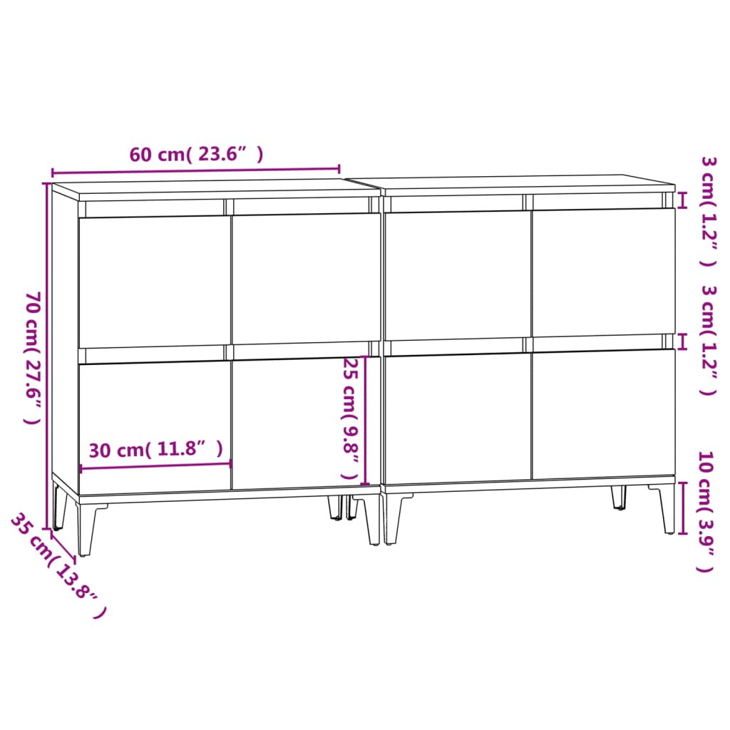 vidaXL Skänk 2 st svart 60x35x70 cm konstruerat trä