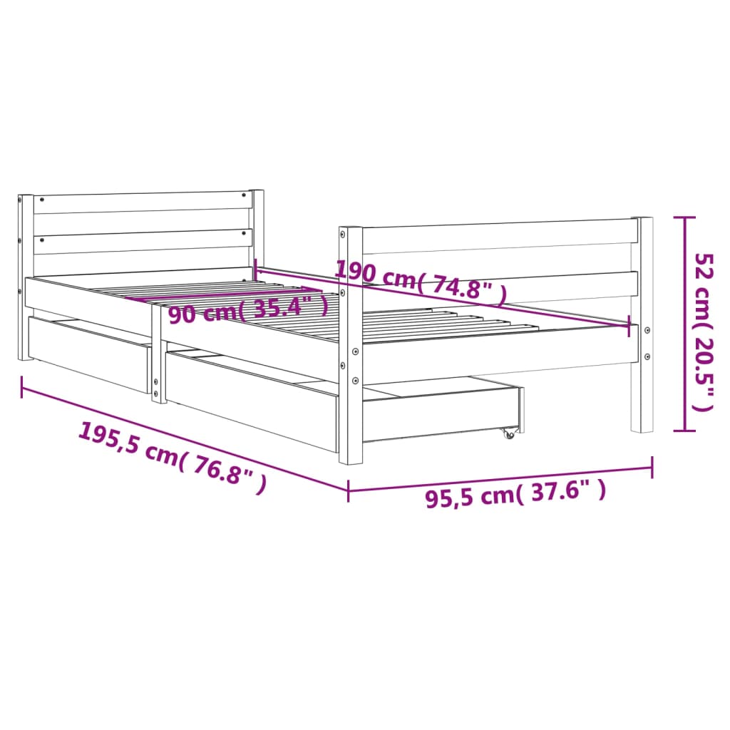 vidaXL Sängram med lådor för barn 90x190 cm massiv furu