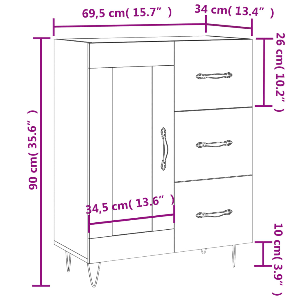 vidaXL Skänk betonggrå 69,5x34x90 cm konstruerat trä