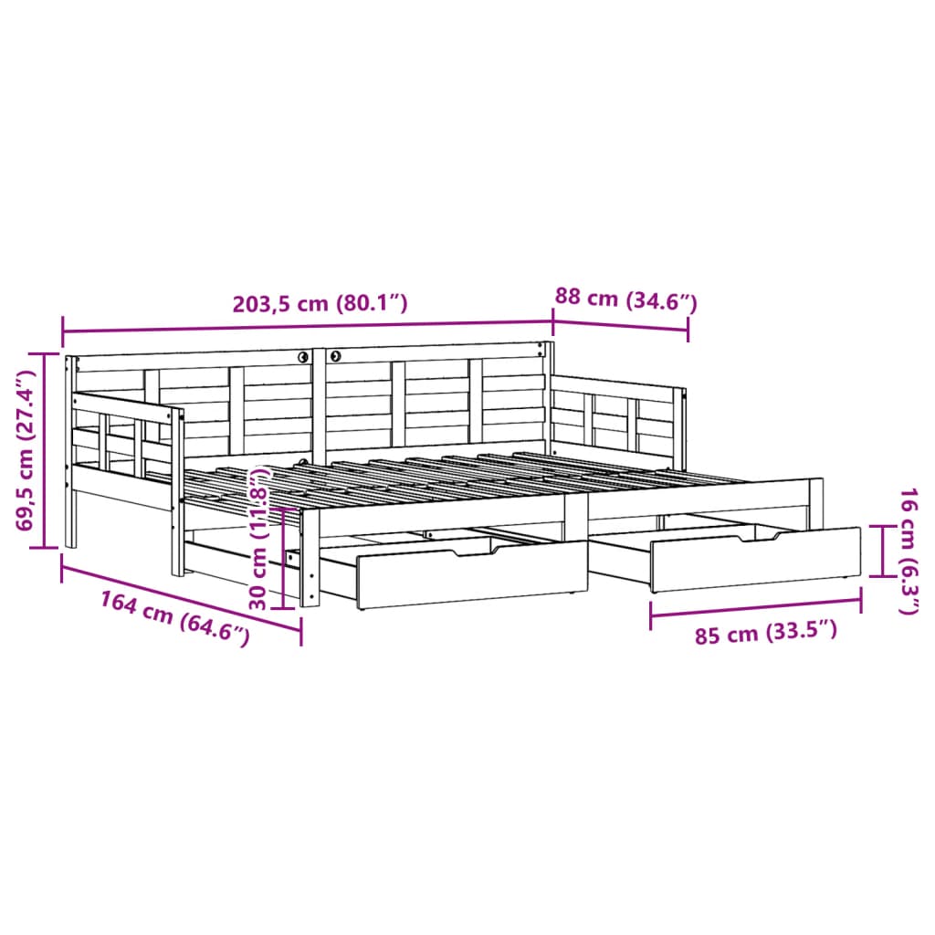 vidaXL Utdragbar dagbädd med lådor 80x200 cm massiv furu