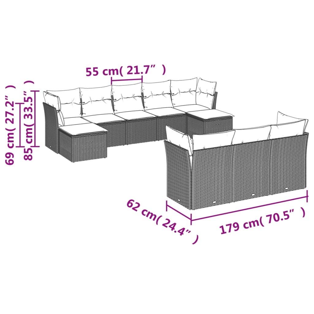 vidaXL Loungegrupp 10 delar med svarta dynor konstrotting