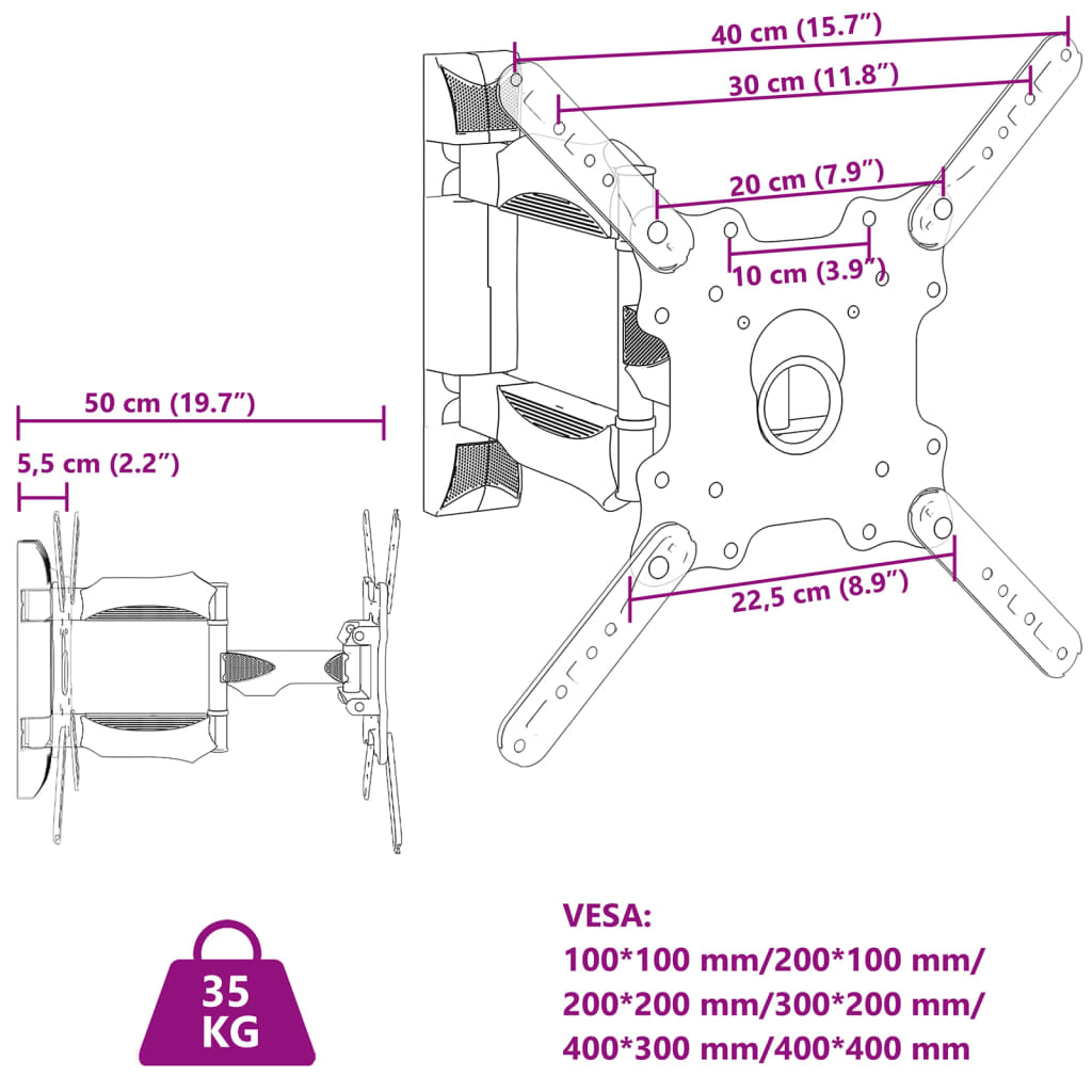 vidaXL Tv-väggfäste för 32-55 tums skärm max VESA 400x400 mm 35kg