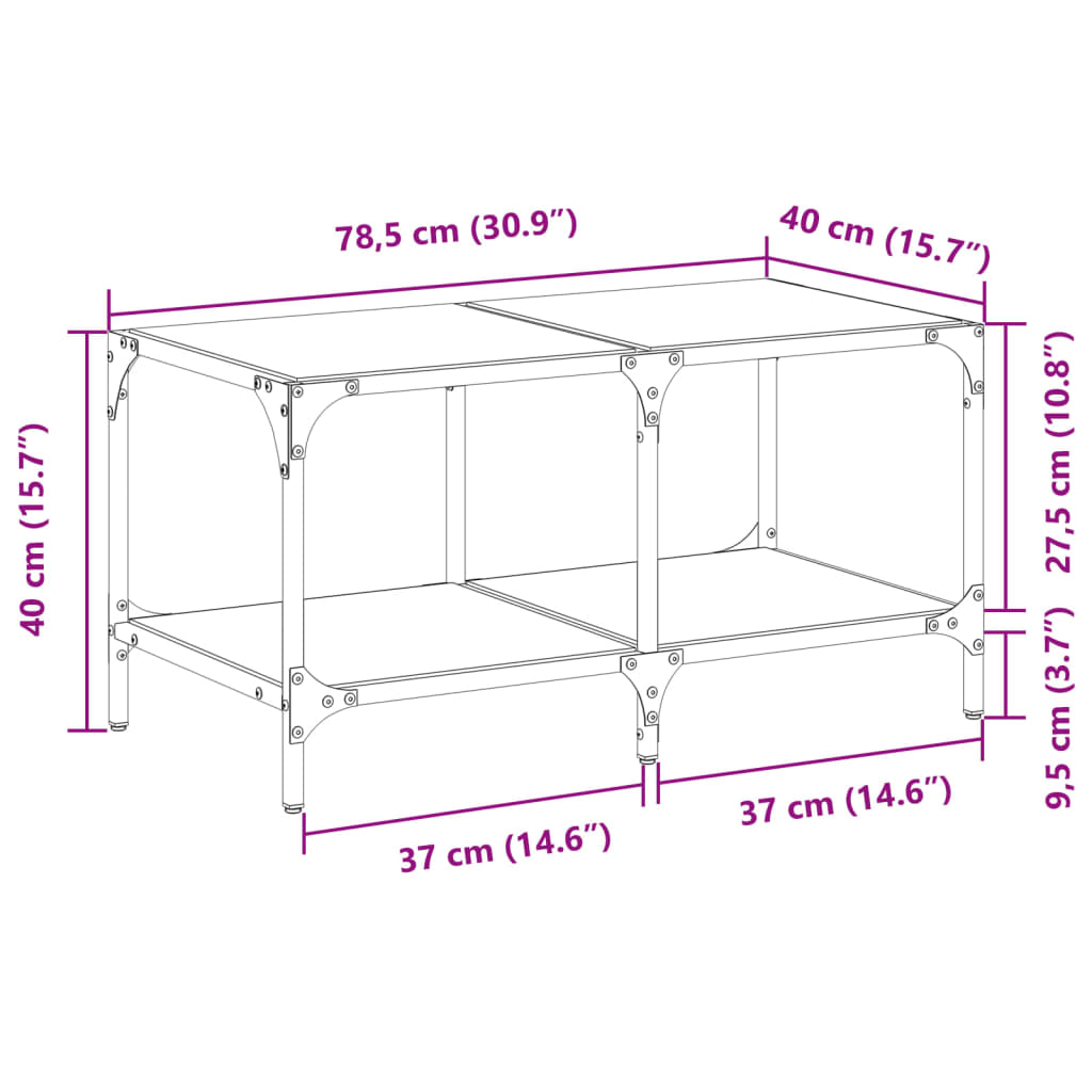 vidaXL Soffbord med transparent glasskiva 78,5x40x40 cm stål