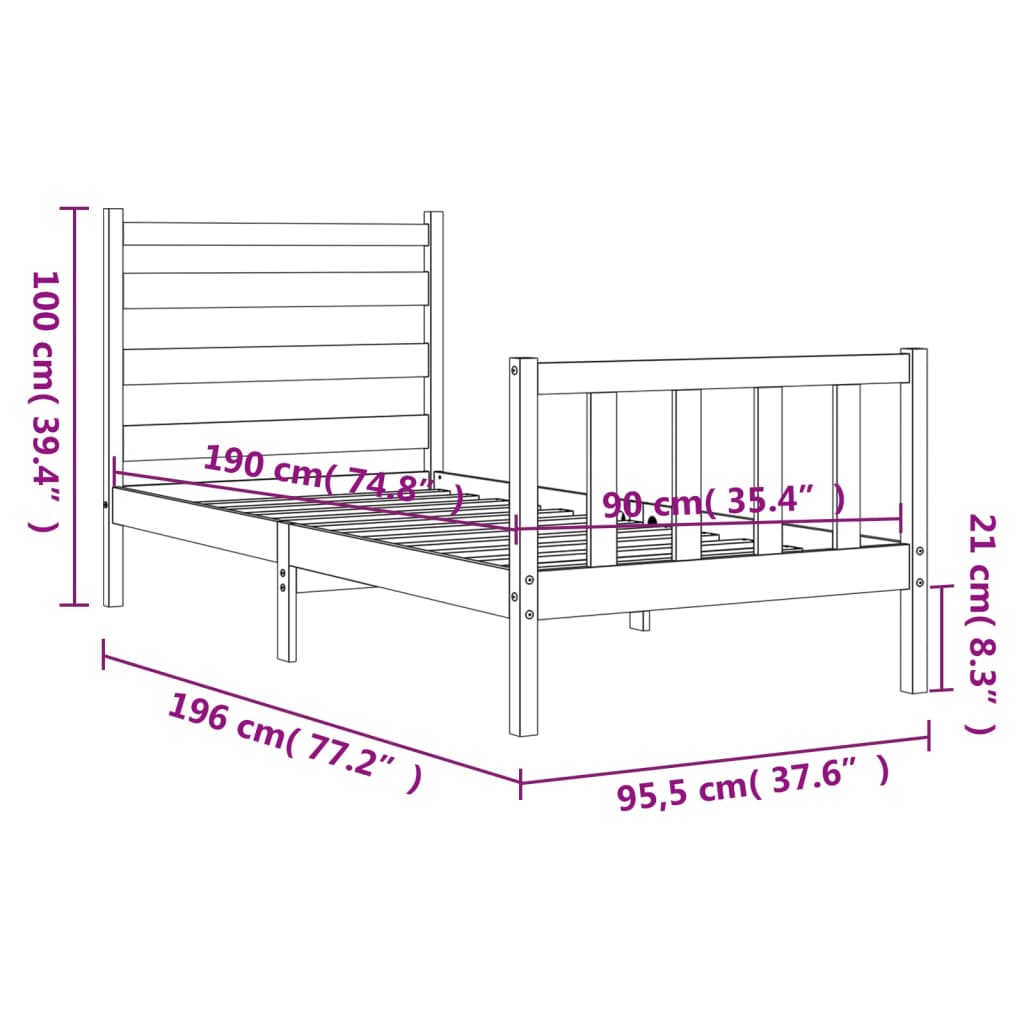 vidaXL Sängram med sänggavel vit 90x190 cm massivt trä