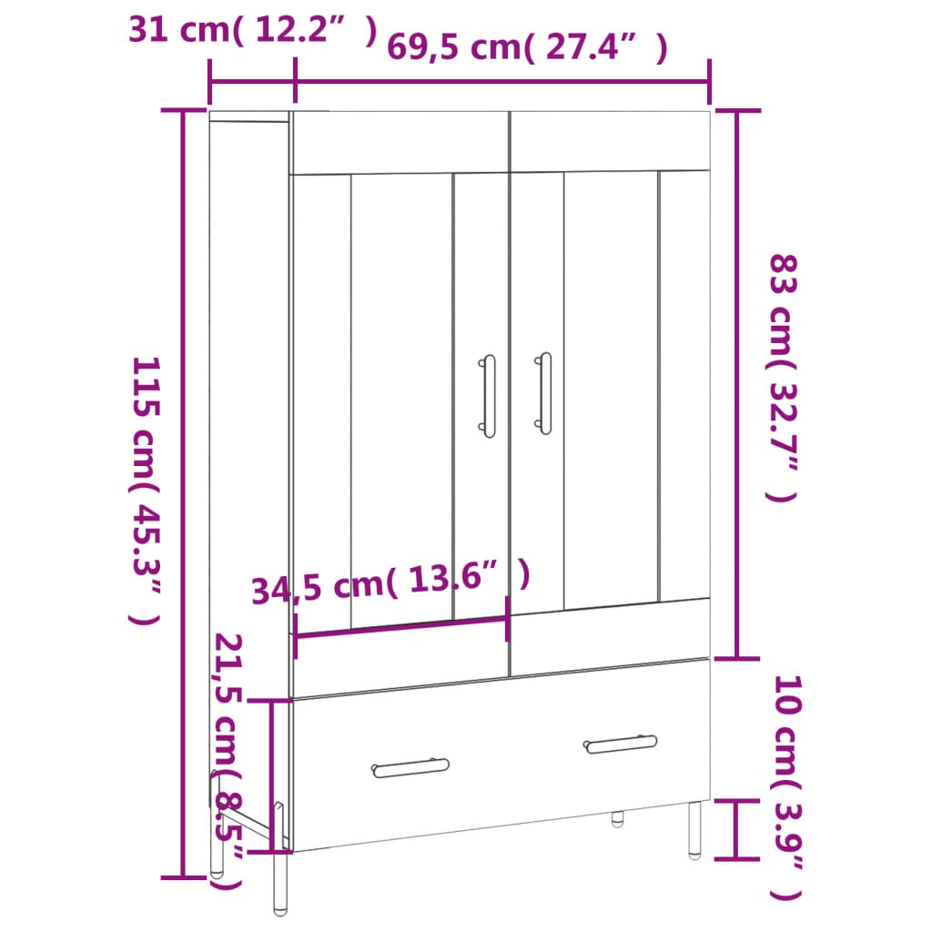 vidaXL Högskåp vit högglans 69,5x31x115 cm konstruerat trä