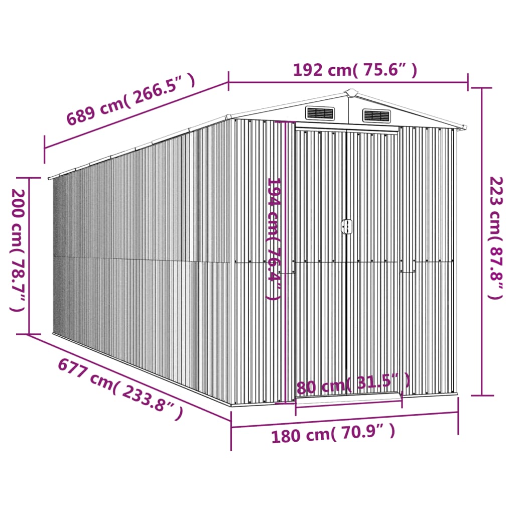 vidaXL Trädgårdsskjul mörkbrun 192x689x223 cm galvaniserat stål