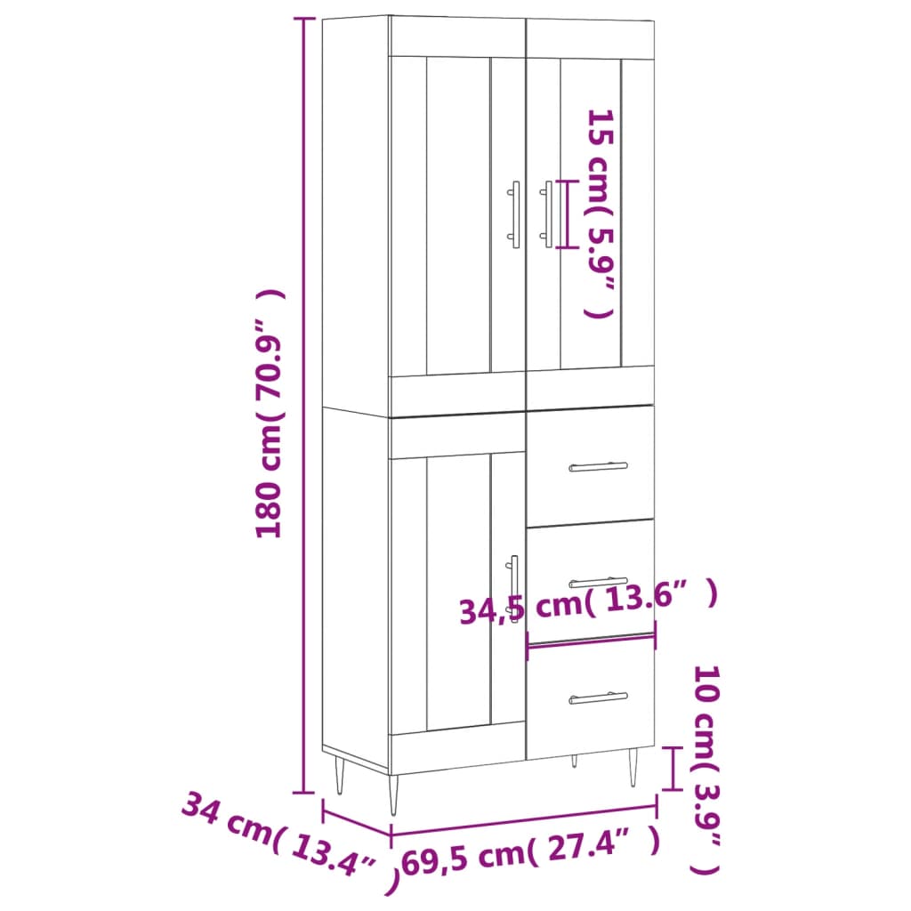 vidaXL Högskåp rökfärgad ek 69,5x34x180 cm konstruerat trä