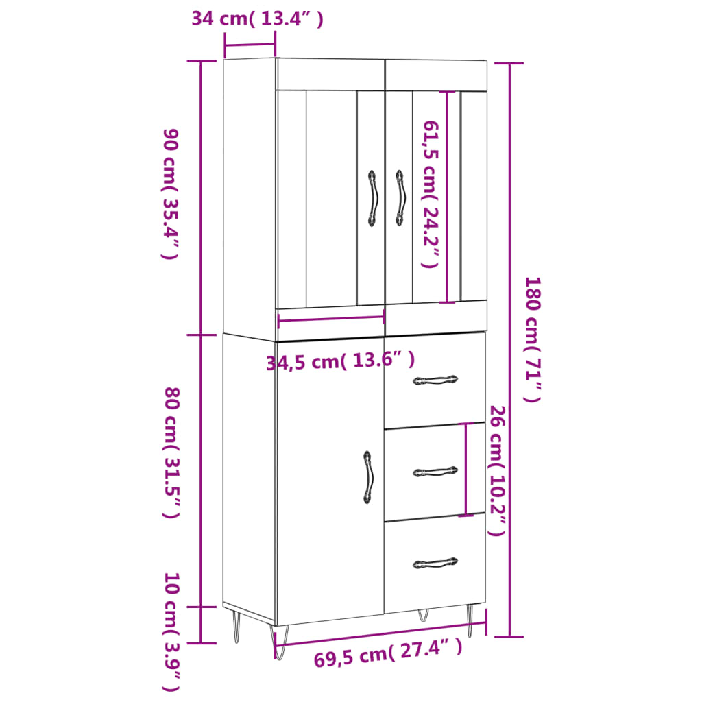 vidaXL Högskåp vit 69,5x34x180 cm konstruerat trä