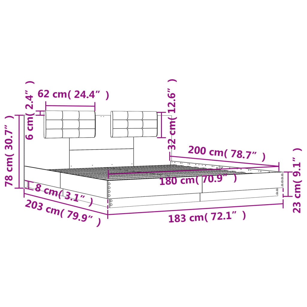 vidaXL Sängram med huvudgavel sonoma-ek 180x200 cm konstruerat trä