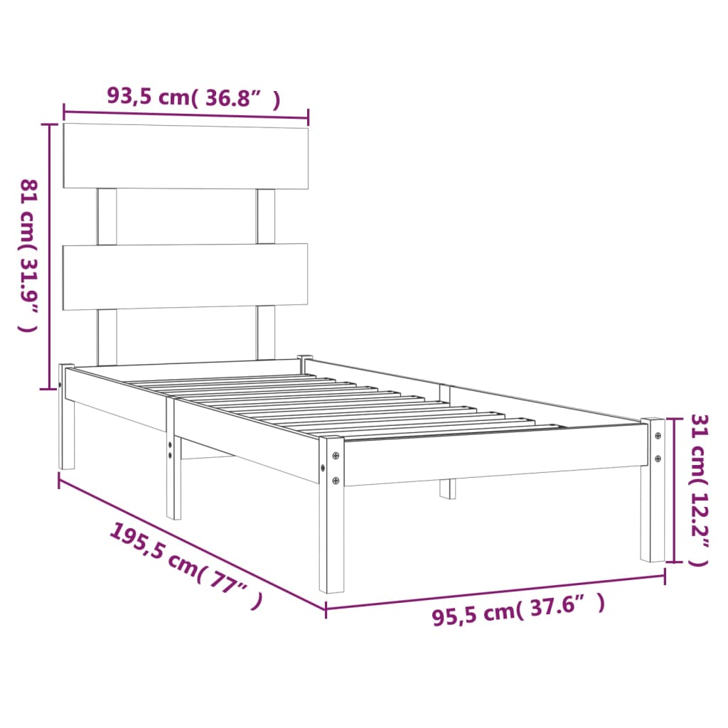 vidaXL Sängram svart massivt trä 90x190 cm