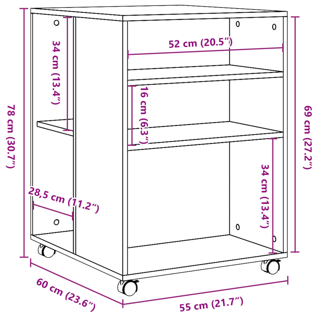 vidaXL Sidobord med hjul sonoma-ek 55x60x78 cm konstruerat trä