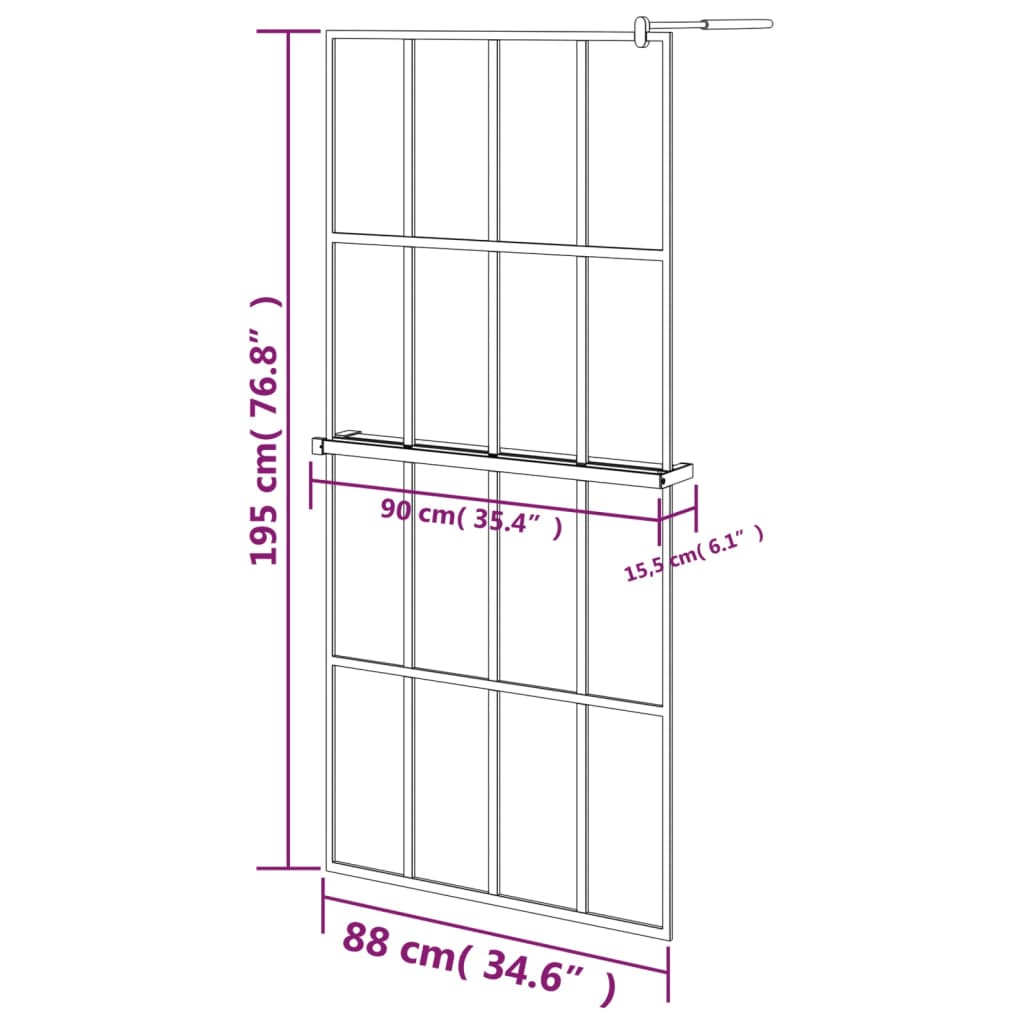 vidaXL Duschvägg med hylla svart 90x195 cm ESG-glas&aluminium