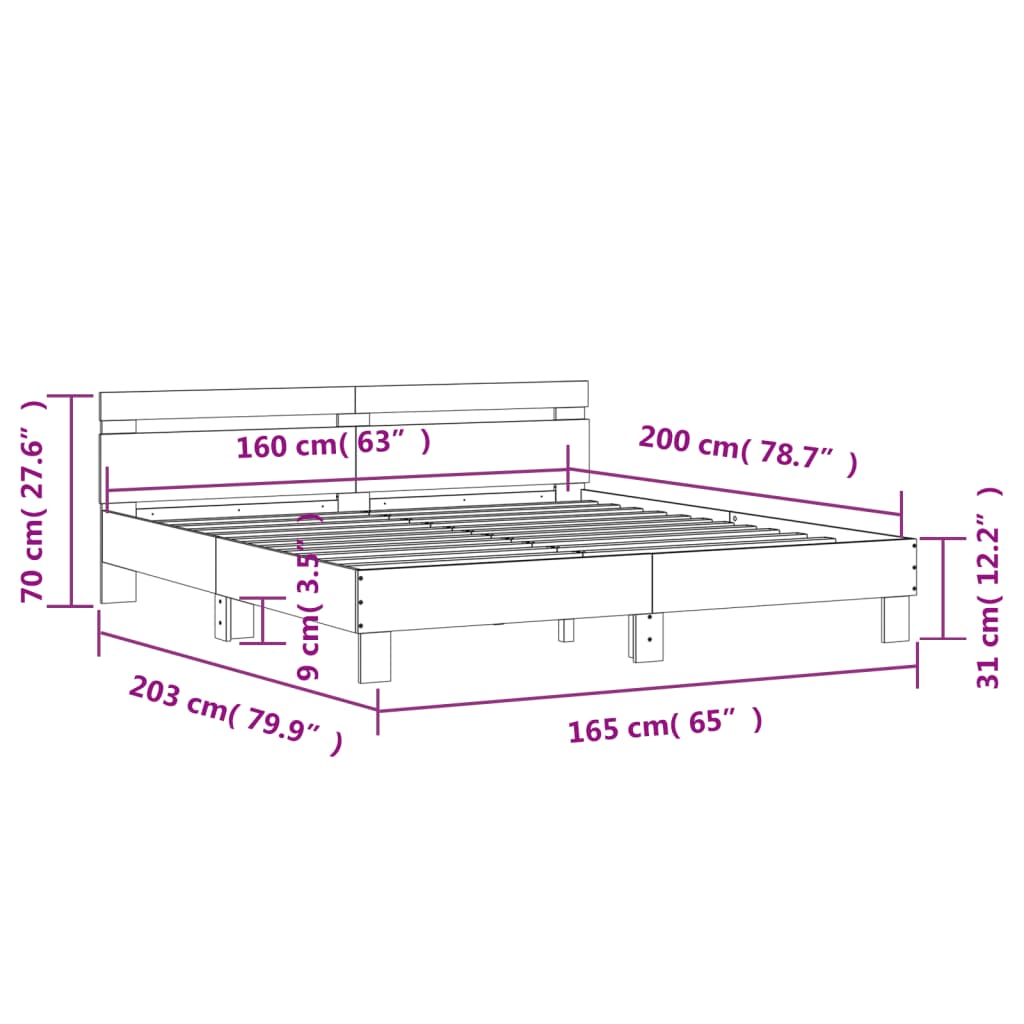 vidaXL Sängram med huvudgavel rökfärgad ek 160x200 cm konstruerat trä