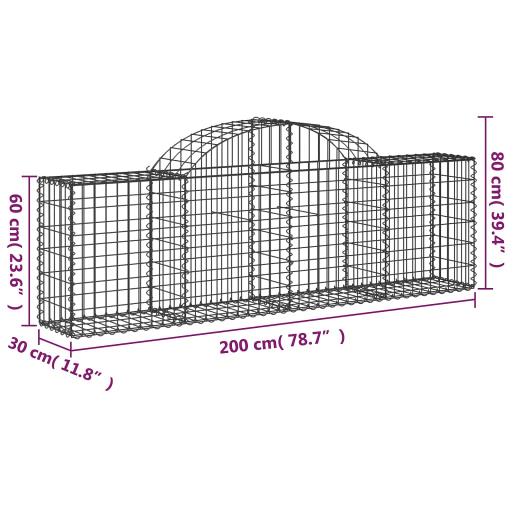 vidaXL Gabioner bågformade 6 st 200x30x60/80 cm galvaniserat järn