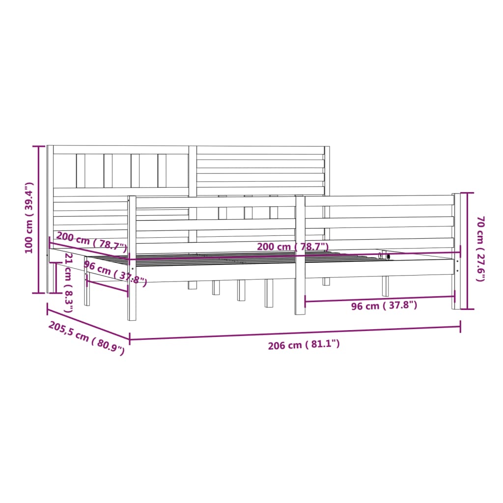 vidaXL Sängram svart massivt trä 200x200 cm