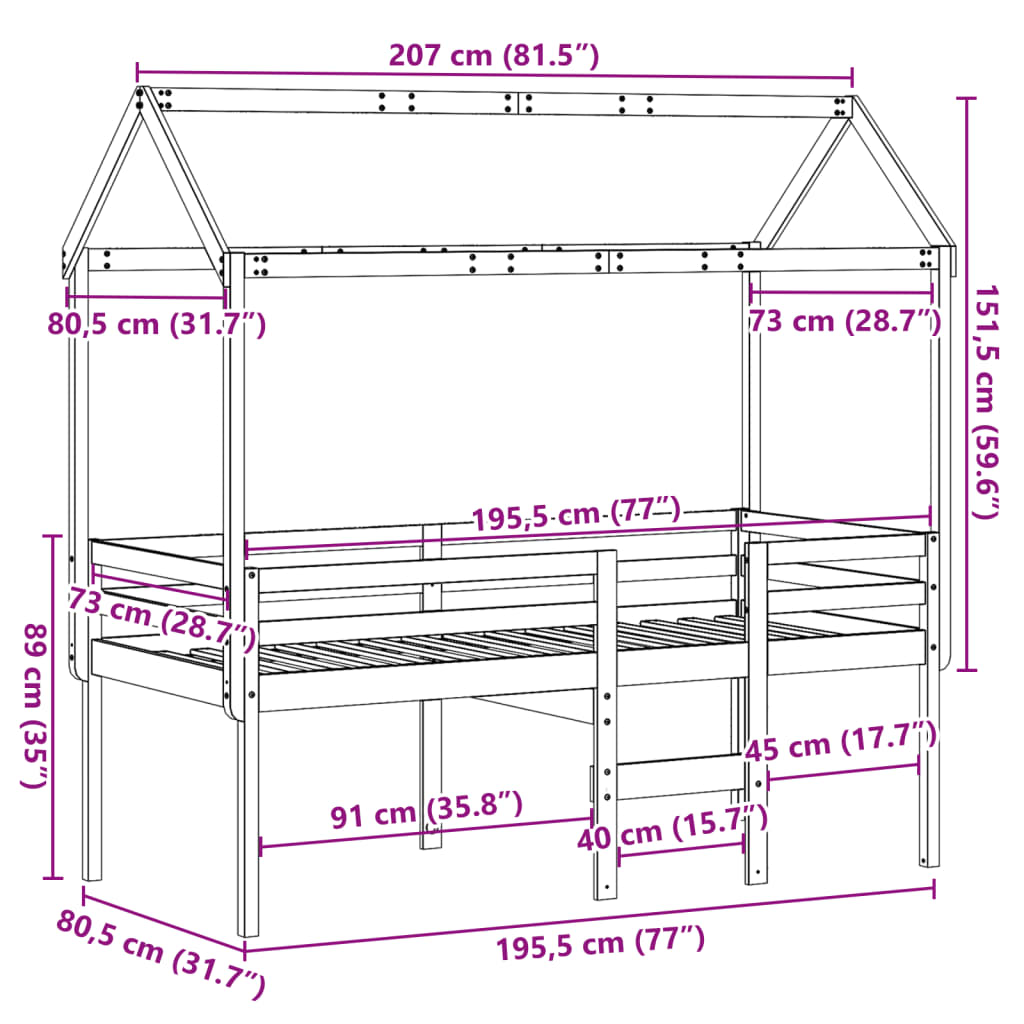 vidaXL Hög säng med tak vaxad brun 75x190 cm massiv furu