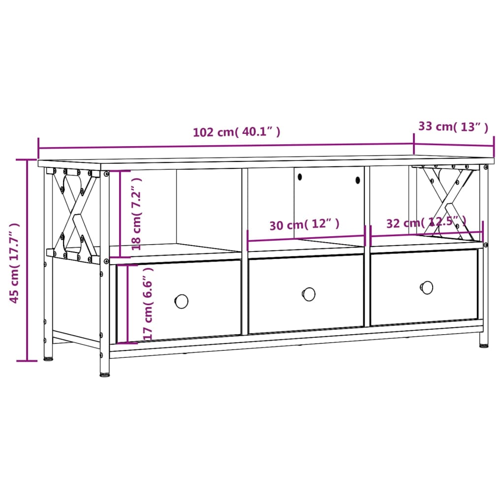 vidaXL Tv-bänk brun ek 102x33x45 cm konstruerat trä & järn