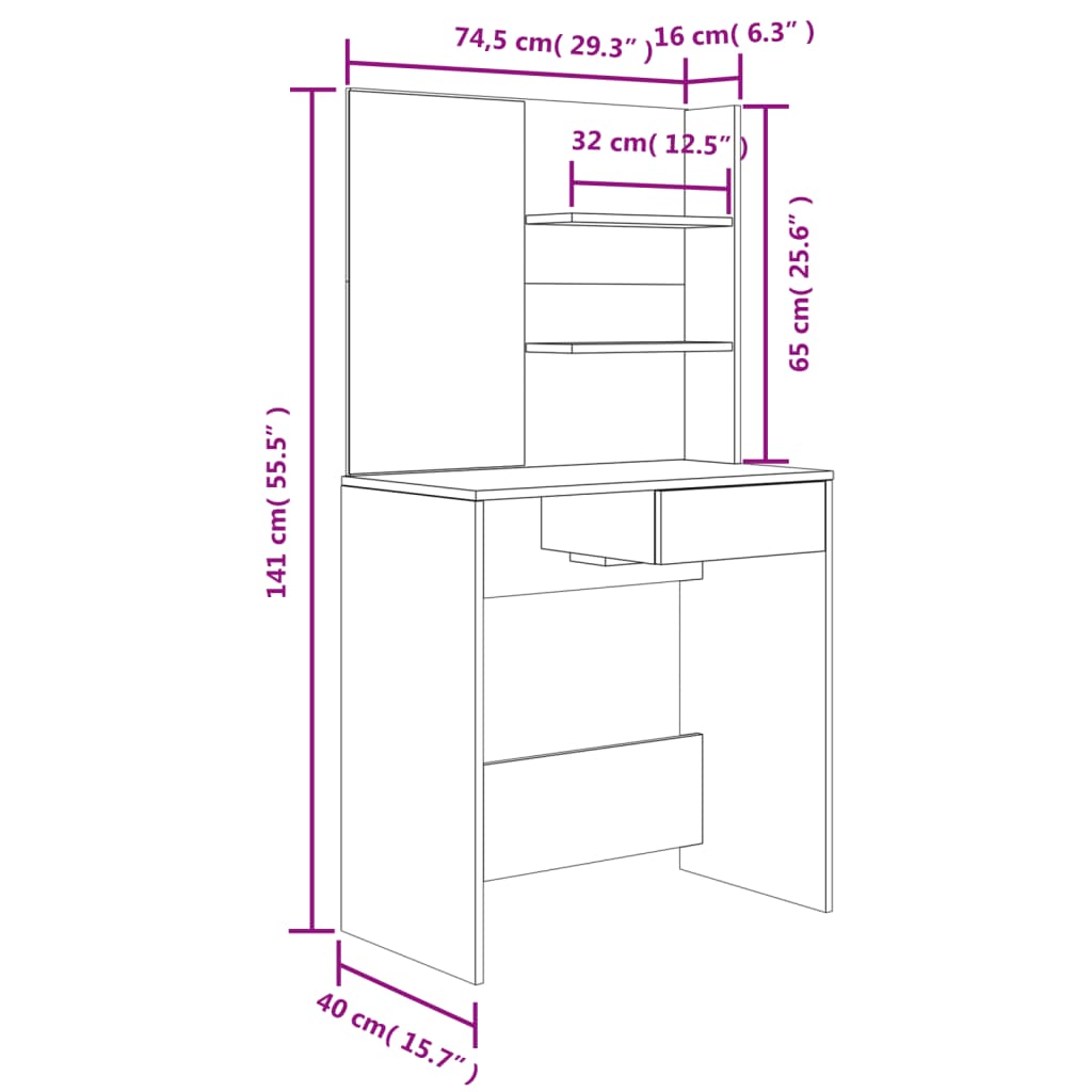 vidaXL Sminkbord svart 74,5x40x141 cm