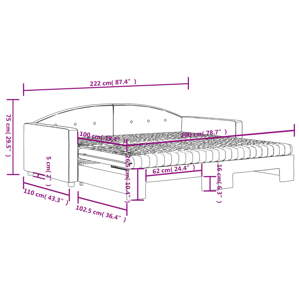 vidaXL Dagbädd utdragbar och madrasser rosa 100x200 cm sammet