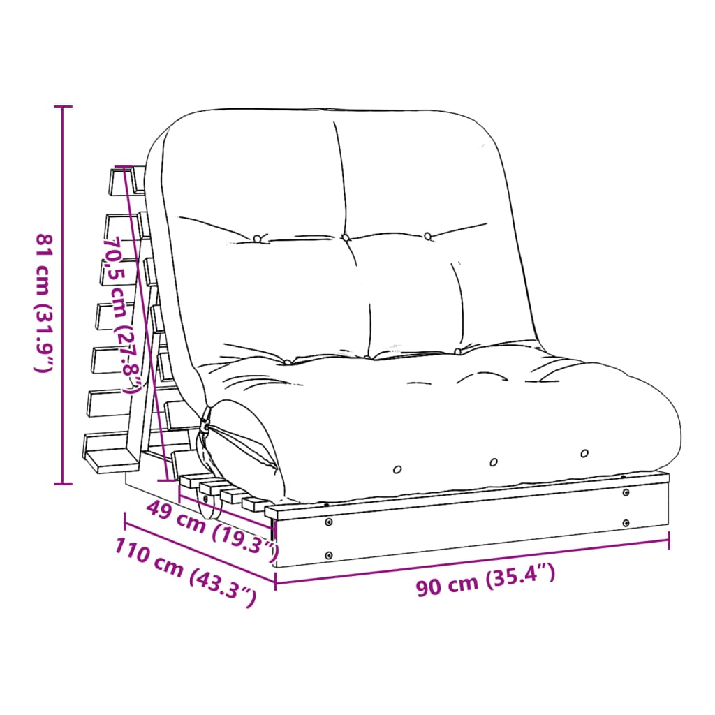 vidaXL Futonbäddsoffa med madrass vit 90x206x11 cm massiv furu