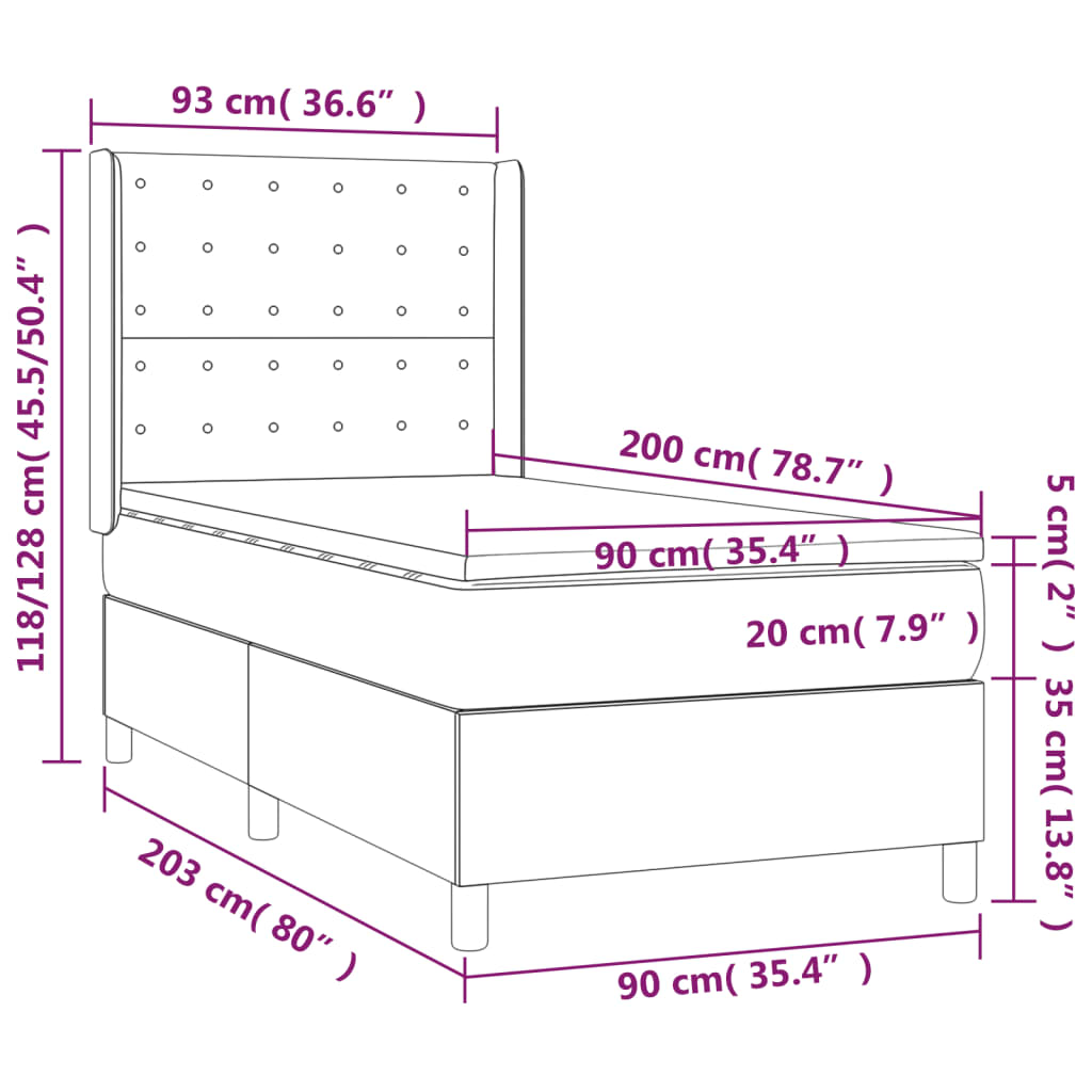 vidaXL Ramsäng med madrass & LED mörkgrå 90x200 cm tyg