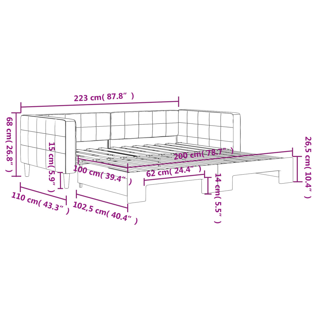 vidaXL Dagbädd utdragbar ljusgrå 100x200 cm sammet