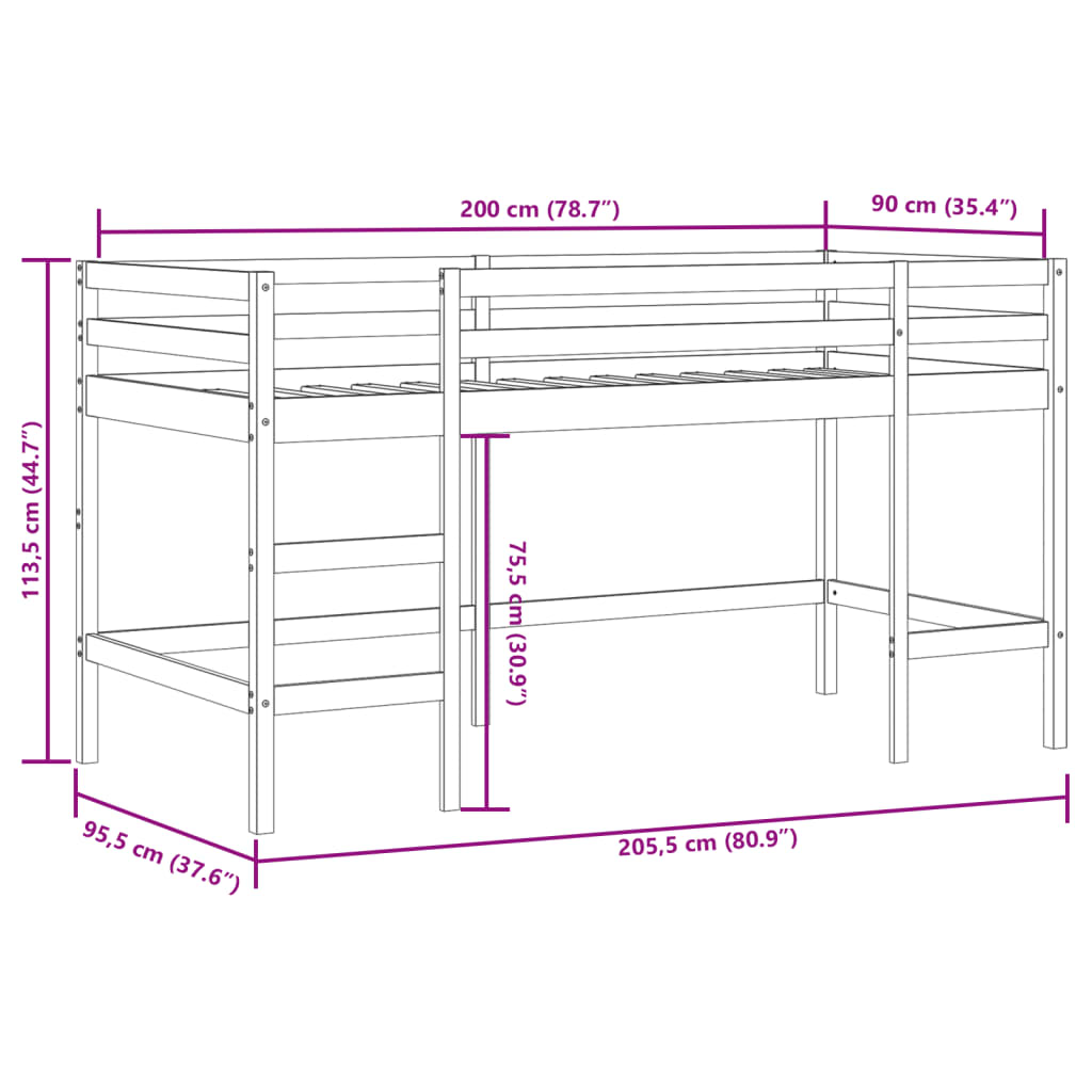 vidaXL Loftsäng med tunnel vit&svart 90x200 cm massiv furu