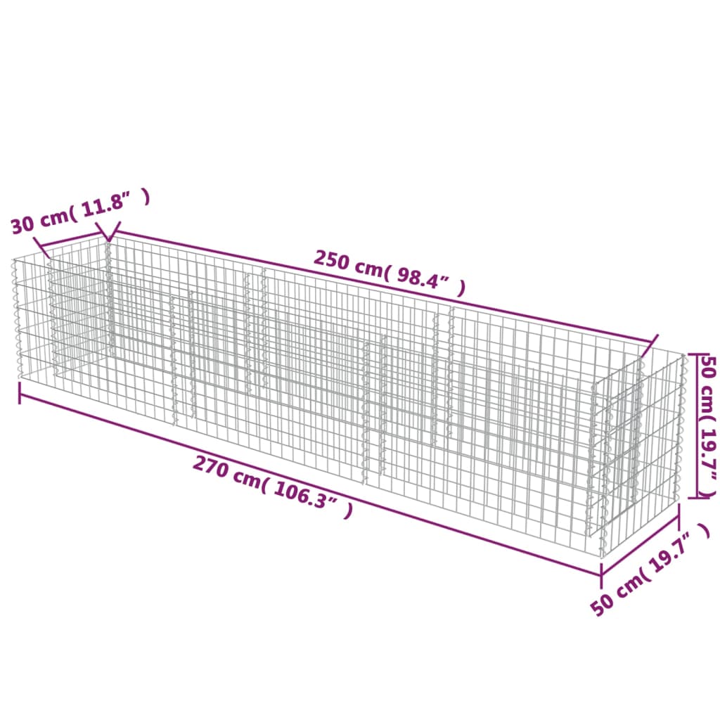 vidaXL Planteringsgabion upphöjd galvaniserat stål 270x50x50 cm