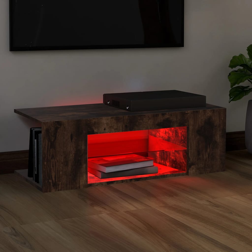 vidaXL Tv-bänk med LED-belysning rökfärgad ek 90x39x30 cm