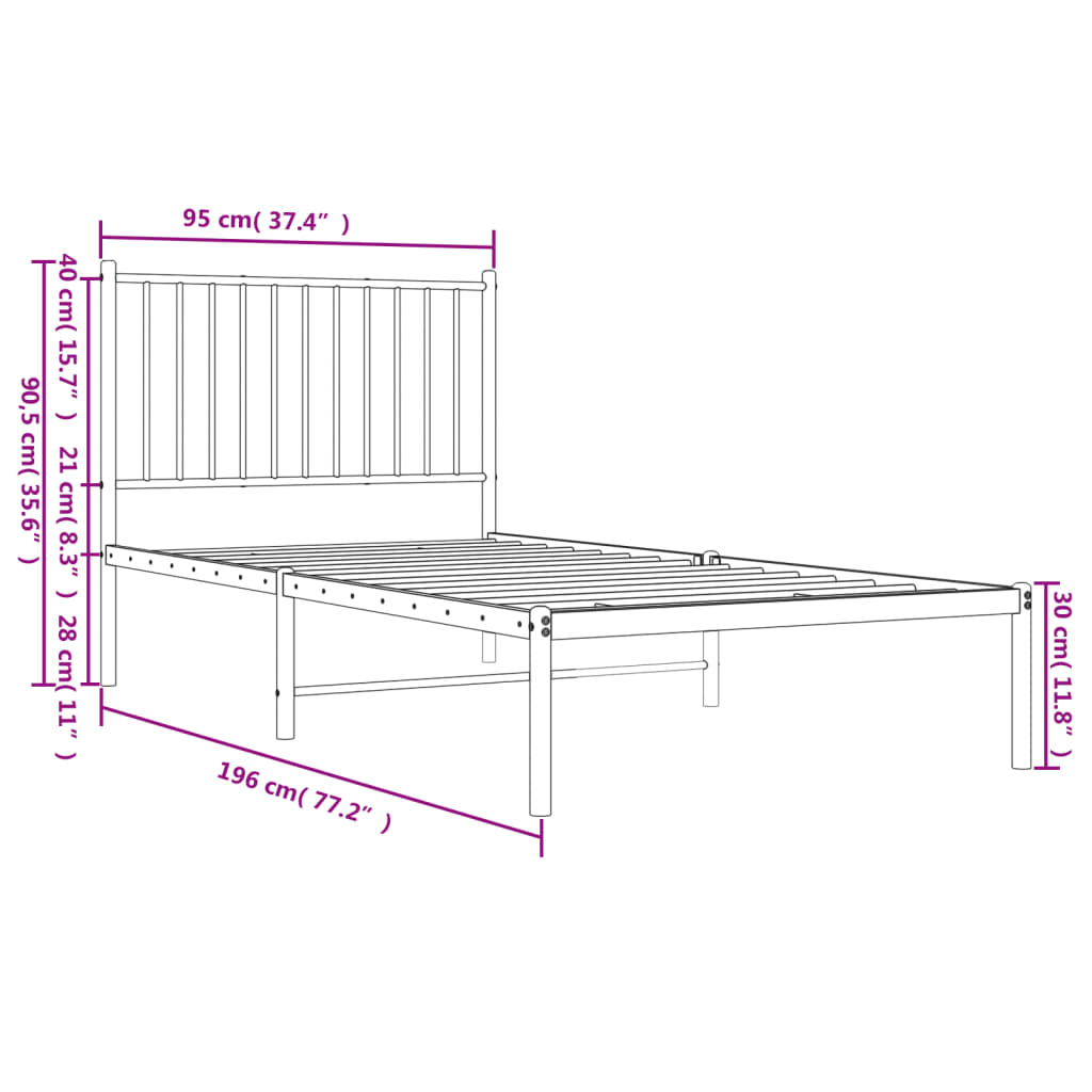 vidaXL Sängram med huvudgavel metall vit 90x190 cm