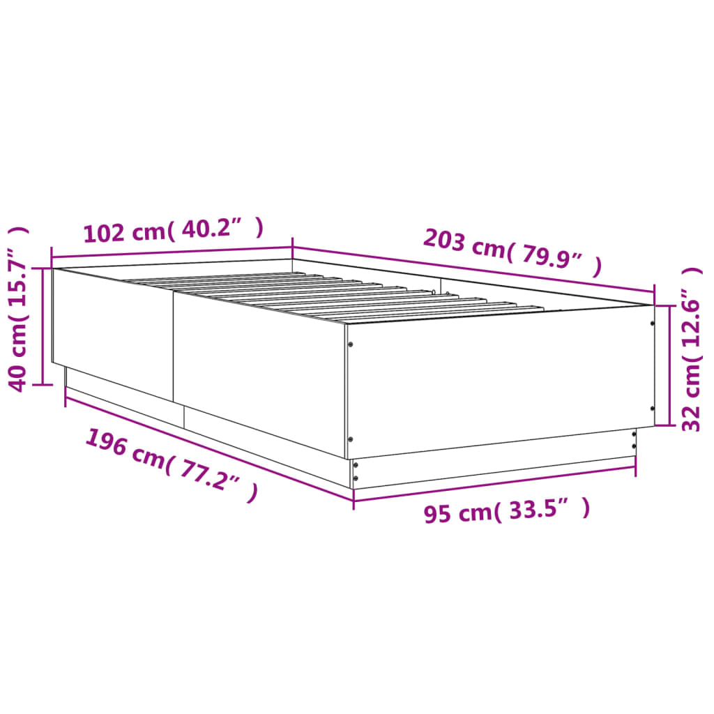 vidaXL Sängram med LEDs grå sonoma 100x200 cm konstruerad trä